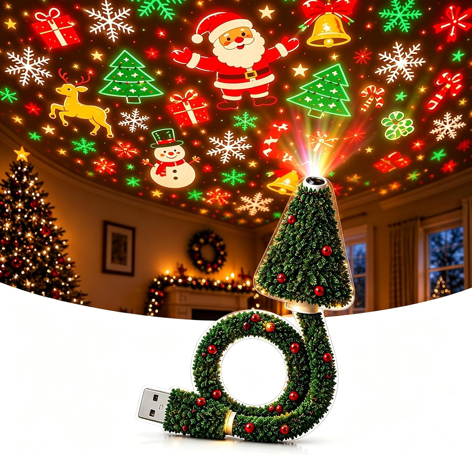 Christmas projection light casting colourful festive designs across a room
